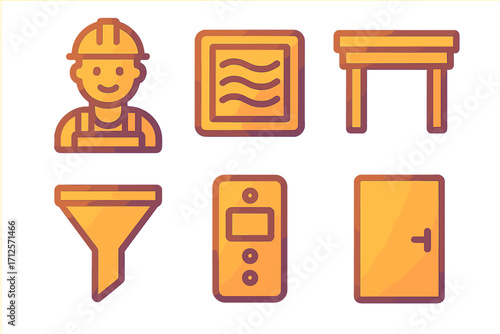 Gradient vector icons set of worker with helmet, ventilation grid, wooden table, funnel filter, electronic control device, and closed door with handle, cartoon style illustration