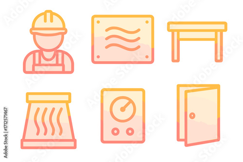 Gradient vector icons set of construction worker helmet, ventilation system, table furniture, air filter, control panel device, and open door symbol, cartoon style transparent background
