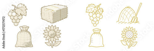 Vintage illustrations of grapes, sunflowers, hay bales, and bags showcasing farm life and harvest activities