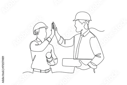Continues line and simple line of two architects giving high five Single line drawing vector graphic design illustration