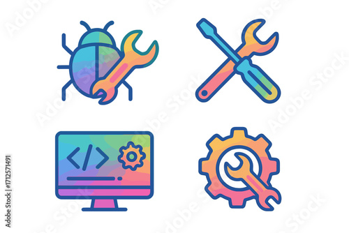 Bug fixing and development icon set. Gradient line art symbols for coding, software repair, and maintenance. Vector illustration of tech support, settings, and code tools.