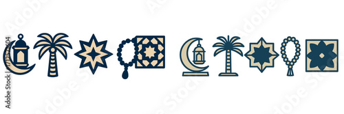 Decorative symbols of culture and tradition featuring lanterns, palms, and stars set against a clean background