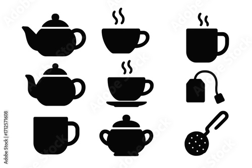 Minimalist tea time icons set with teapots, steaming cups, tea bags, sugar bowl, and tea strainer silhouettes, simple black vector illustration for beverage and kitchen design