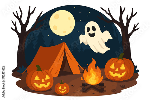 Spooky Halloween night camping scene with glowing jack-o-lantern pumpkins, friendly ghost floating in dark forest, campfire under full moon, vector cartoon illustration