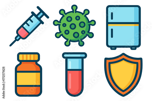 Medical and healthcare icon set. Colorful flat cartoon icons for vaccination, coronavirus, covid-19. Syringe, virus, vaccine storage, test tube, vial, and shield for immunity.