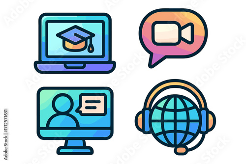 E-learning and online communication icon set. Webinar, video conference, and distance education symbols. Gradient vector illustration for online course and global business chat.