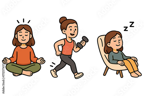 Wellness and self-care icons including meditation pose, exercise with dumbbell, and relaxation in chair, healthy lifestyle symbols, mental health and fitness concepts, vector cartoon illustration
