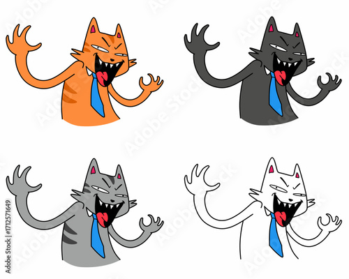Cartoon illustration of cat character with blue tie in various activities and expressions. Comic style illustration set for mascot, stickers, meme, poster, banner. Animal as a salary in daily work