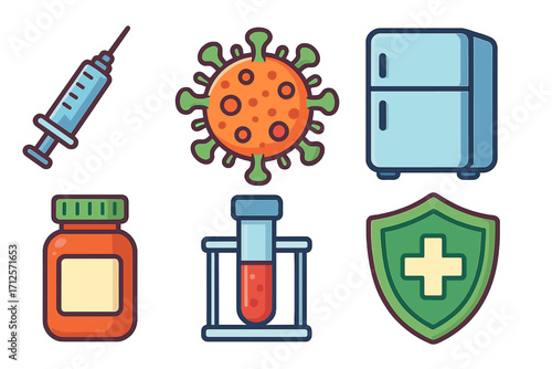 Medical icon set for healthcare. Vaccine injection, coronavirus, cold storage, medicine bottle, blood test, protection shield. Vector cartoon symbols for pandemic concepts.
