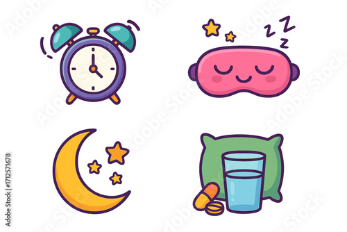 Sleep icons set for wellness and healthy rest. Vector cartoon of alarm clock, night mask, moon, sleeping pills. Concept for insomnia, bedtime routine, relaxation, sleep cycle.