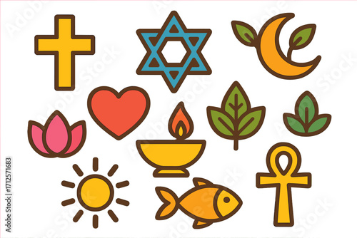 Collection of colorful faith and vitality symbols in flat design. Vector cartoon icons. World religions, spirituality, interfaith dialogue. Cross, Star of David, Ankh, lotus.