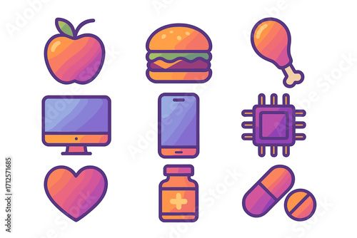 Set of vibrant gradient icons for food, technology, health, and lifestyle concepts, colorful vector cartoon illustration with transparent background, modern design elements for diverse use