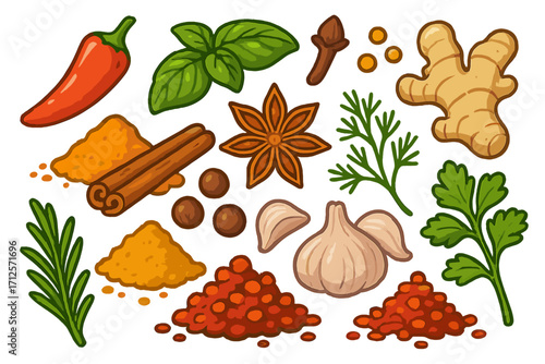 Cartoon vector set of popular cooking spices and herbs. Colorful collection with ginger, garlic, chili, basil, rosemary, cinnamon, anise, curry and cloves for culinary design.