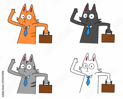 Cartoon illustration of cat character with blue tie in various activities and expressions. Comic style illustration set for mascot, stickers, meme, poster, banner. Animal as a salary in daily work