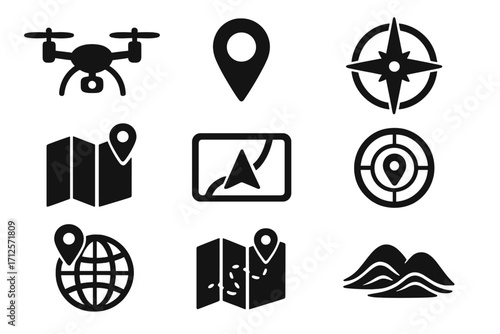Drone mapping and GPS navigation icon set. Vector glyph symbols for location, route, and cartography. Quadcopter, compass, map pin, and terrain silhouette collection.