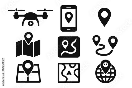 Drone mapping icon set with GPS navigation and terrain symbols. Vector silhouette illustration of quadcopter, location pin, mobile app, map, route, and globe glyphs for tech.
