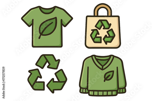 Eco-friendly apparel icons for sustainable fashion. Vector cartoon set with recycling symbol, green t-shirt, sweater, and reusable shopping bag. For circular economy design.