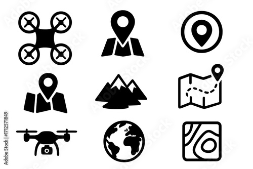 Drone and mapping icon set. Vector silhouettes for GPS navigation, location pin, route, terrain survey, and topography. Aerial geography and cartography symbols collection.