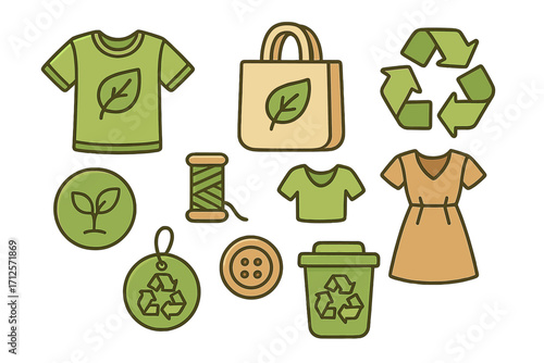 Sustainable fashion and recycling icon set. Eco-friendly clothing, green textile, and circular economy symbols. Vector illustration for ethical manufacturing and slow fashion concept.