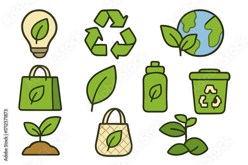 Eco friendly icons set for sustainable lifestyle. Green energy and zero waste concept. Go green vector cartoon illustration. Recycle symbol, planet earth, reusable bag. Ecology.
