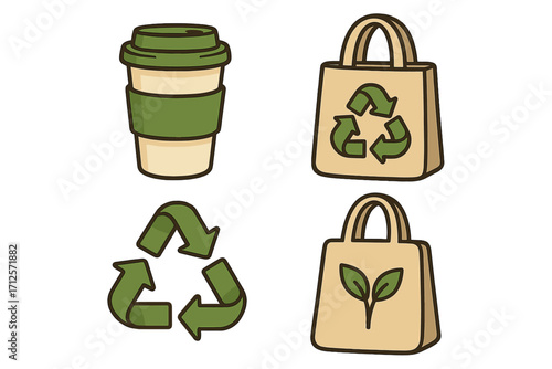 Eco-friendly icons set with reusable coffee cup, tote bag, and recycling symbols. Vector cartoon illustration for sustainability, green living, and zero waste concepts.