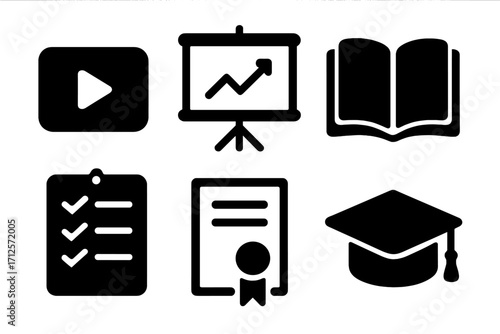 Education and e-learning icon set. Video lesson, business presentation, book, checklist, certificate, and graduation cap icons for online courses, school, and university.