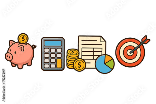 Finance and budget icon set for financial planning. Piggy bank for savings, calculator, money coins, budget sheet for analysis, pie chart and target for goals. Vector cartoon illustration.