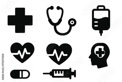Medical icon set. Healthcare vector symbols. Black silhouettes for clinic, hospital. Health care graphic elements. Stethoscope, heart, syringe, pill, cross, IV drip. Flat design.