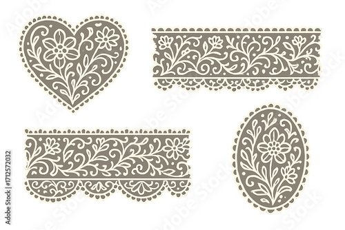 Set of elegant decorative lace designs for crafts and fashion. Vector illustration of ornamental heart, oval, and border trims with floral folk art patterns. Vintage filigree.