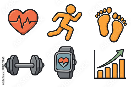 Fitness icon set for health and workout. Vector cartoon illustration of heartbeat, running man, steps, dumbbell weight, smartwatch tracker and progress chart for goals.