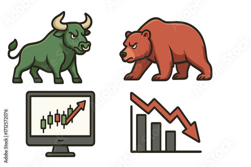 Bull and bear stock market symbols. Financial investment and trading concept. Bullish uptrend and bearish downtrend chart icons. Forex and economy vector cartoon illustration set.