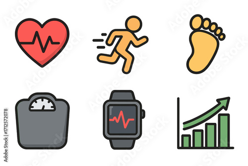 Fitness icons set. Heartbeat, running, steps, weight, smartwatch, progress chart. Health, exercise, activity, tracking, monitoring, wellness, sport, workout, cardio, app.