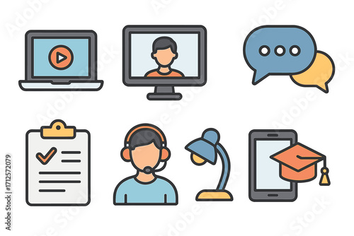 Online learning vector icon set. E-learning, distance education concept. Webinar, video conference, communication, remote work, customer support. Flat design illustration.