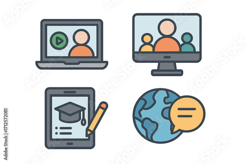 Online learning and communication icon set. Flat design vector illustration for e-learning, webinar, video conference, and global business. Distance education technology symbols.