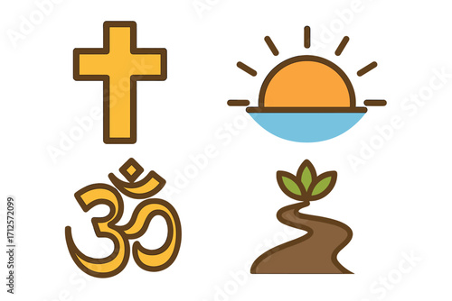 Religious and spiritual journey icon set. Flat vector illustration of Christian cross, Om Aum symbol, sunrise, and path for concepts of faith, belief, hope, and new beginnings.