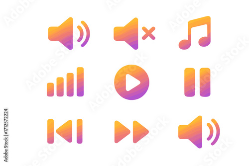 Vector music player icon set. Gradient audio control button kit. UI UX design elements. Play, pause, stop, next, previous, volume up, down, mute. Sound multimedia symbol.