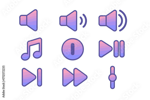 Music player icon set. Audio control buttons with gradient. Vector symbols for UI and UX design. Play, pause, stop, next, forward, volume, sound, power buttons. App.