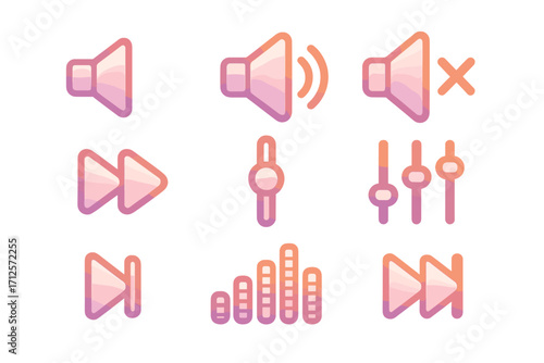 Music player gradient icon set. Vector audio control buttons for digital interface. Sound volume, mute, next track, and forward symbols. UI/UX elements, equalizer, mixer.