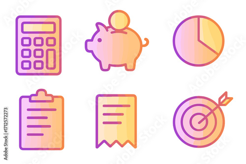 Set of gradient finance icons for business. Vector symbols for savings, budget planning, data analysis. Piggy bank, calculator, pie chart, report, and financial goal target.