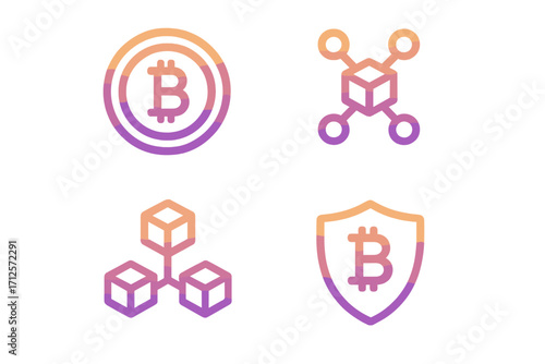 Gradient cryptocurrency and blockchain technology icon set. Modern minimalist vector illustrations of Bitcoin, network, decentralized blocks, and security shield for finance.