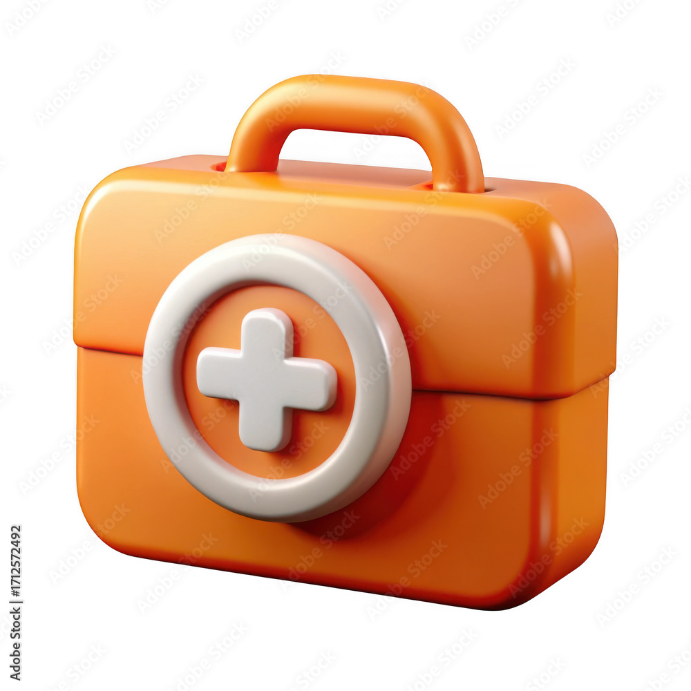 Fototapeta premium Stylized 3d rendering of a bright orange first aid kit with white cross symbol