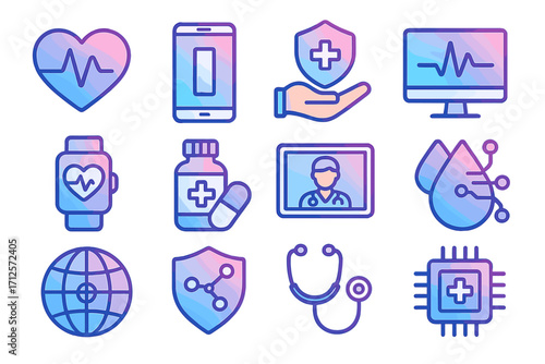 Telemedicine and digital health icon set. Gradient vector icons for healthtech, online doctor consultation, medical technology, and healthcare mobile apps. Cardiology, insurance.