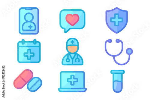 Healthcare app icons set for telemedicine platforms. Medical vector symbols for UI/UX design. Online doctor, patient profile, appointment, insurance, and lab test icons.