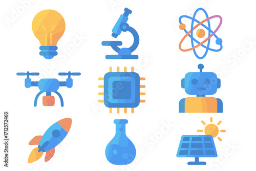 Technology and science icon set. Vector collection of flat gradient symbols for innovation. Future concepts like AI robot, drone, atom, rocket, and renewable solar energy.
