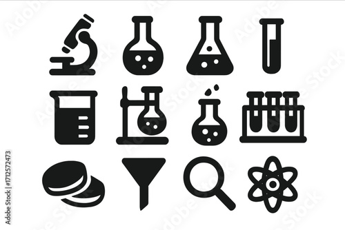 Science and chemistry laboratory equipment icon set. Vector glyph symbols for biology, research, and medical testing. Minimalist silhouette pictogram collection. Flask, beaker, microscope.