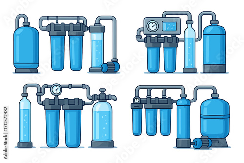 Water purification system collection. Industrial filtration equipment with filters, pumps, and tanks. Reverse osmosis and water treatment concept. Vector cartoon illustration.