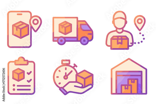 Logistics and delivery icon set for mobile app and online services. Vector cartoon illustration of shipping, tracking, courier, warehouse, and fast express delivery service.