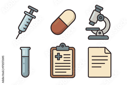 Medical icon set with syringe, pill, capsule, microscope, test tube, clipboard, document. Vector cartoon illustration for healthcare, hospital, science, lab, and pharmacy.