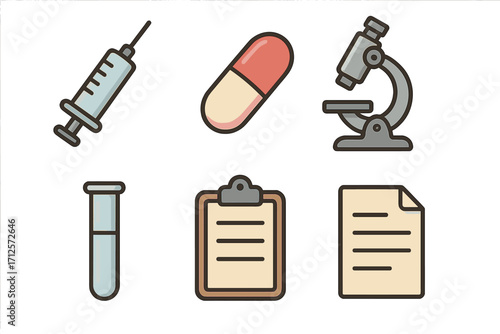 Medical icon set for healthcare and science. Vector cartoon syringe, pill, microscope, test tube, clipboard, document. For hospital, clinic, diagnosis, lab analysis concepts.