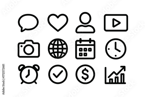 Minimalist icon set for social media marketing and business growth. Vector icons for UI design, finance, schedule, and communication. Black line art symbols collection.